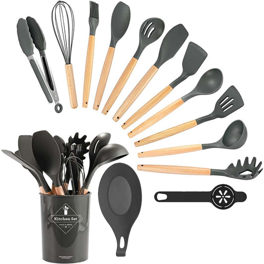 14-piece kitchen utensil set, heat-resistant silicone head, with holder, dark gray